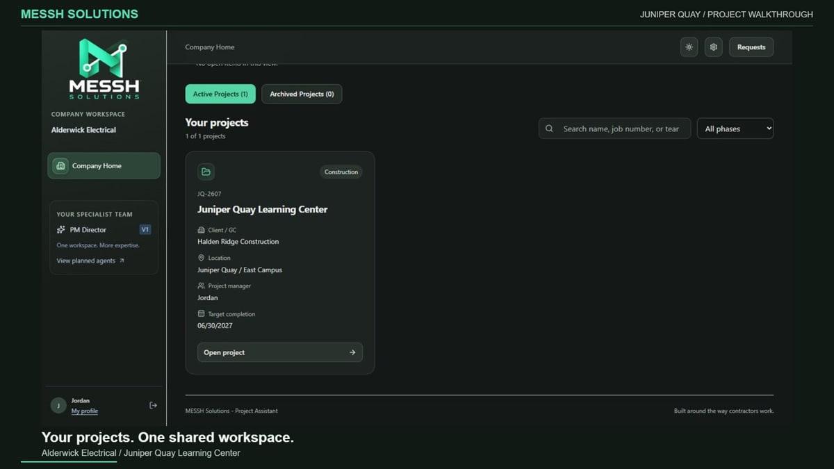 MESSH company workspace showing a fictional demo project